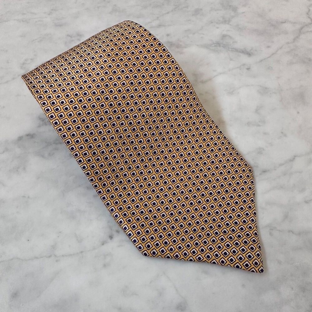 Lauren Ralph Lauren LRL Men’s 100% Silk Tie Yellow, White Navy Square Geometric